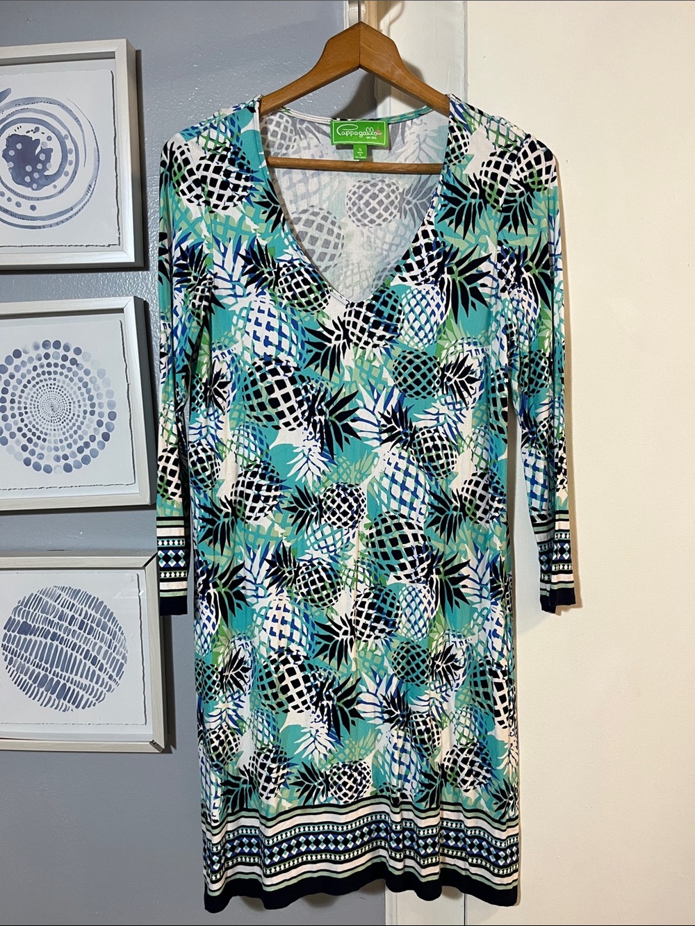 Pappagallo Liquid Knit Tropical Pineapple V‑Neck Aqua & White Shift Dress Size S